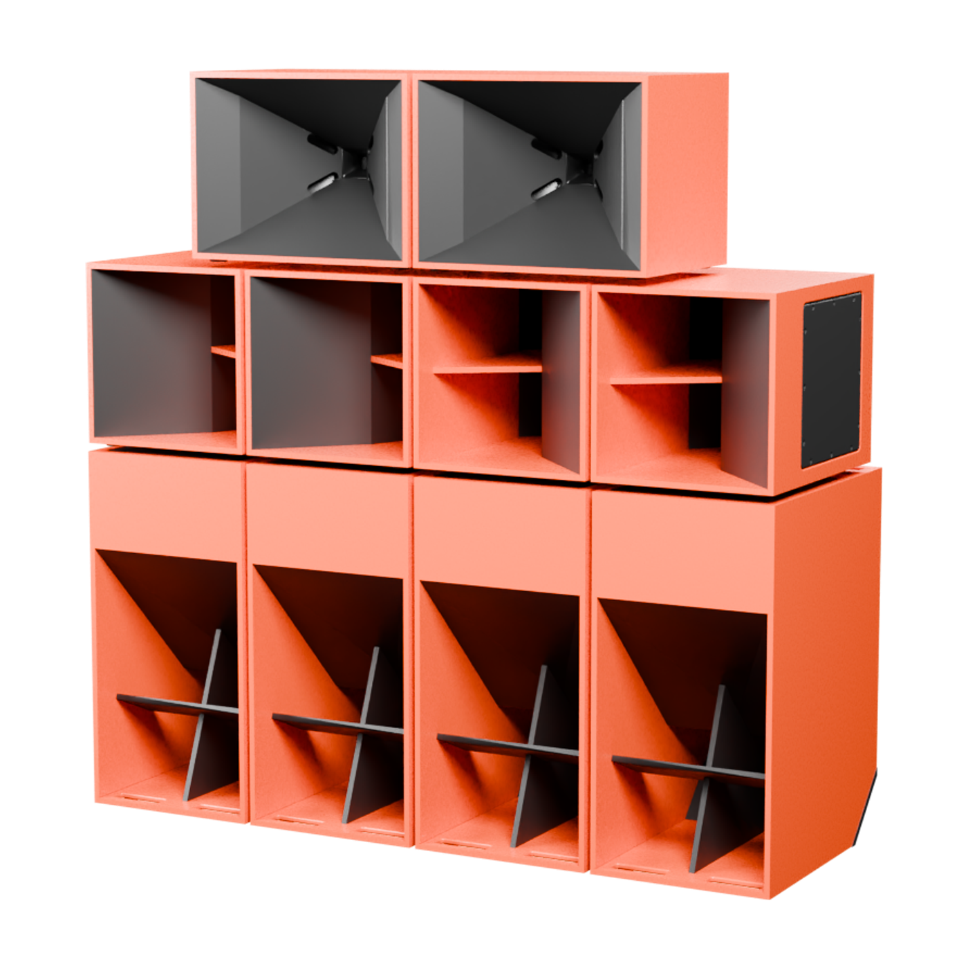 LSA XXL Rack mit vier Bassmodulen, vier Kickmodulen und zwei Tops in Signalorange